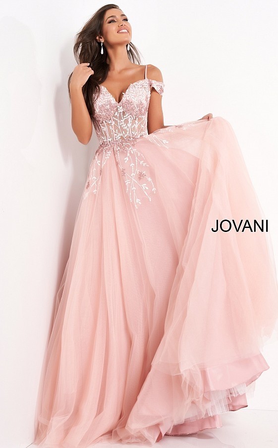 Jovani 02022 Blush Off the Shoulder Embellished Evening Dress