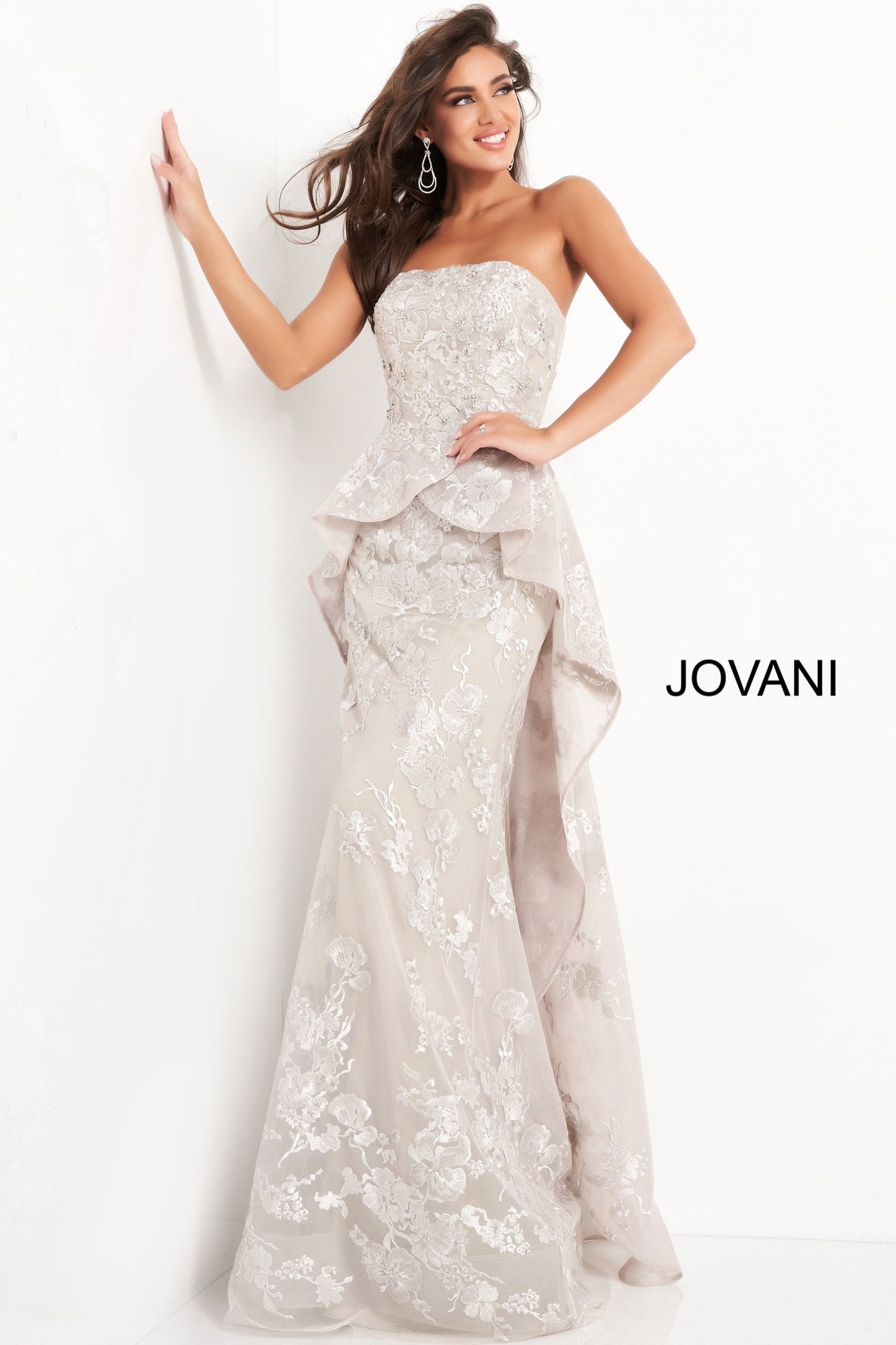 Jovani 02966 Strapless Silver Floral Peplum Gown