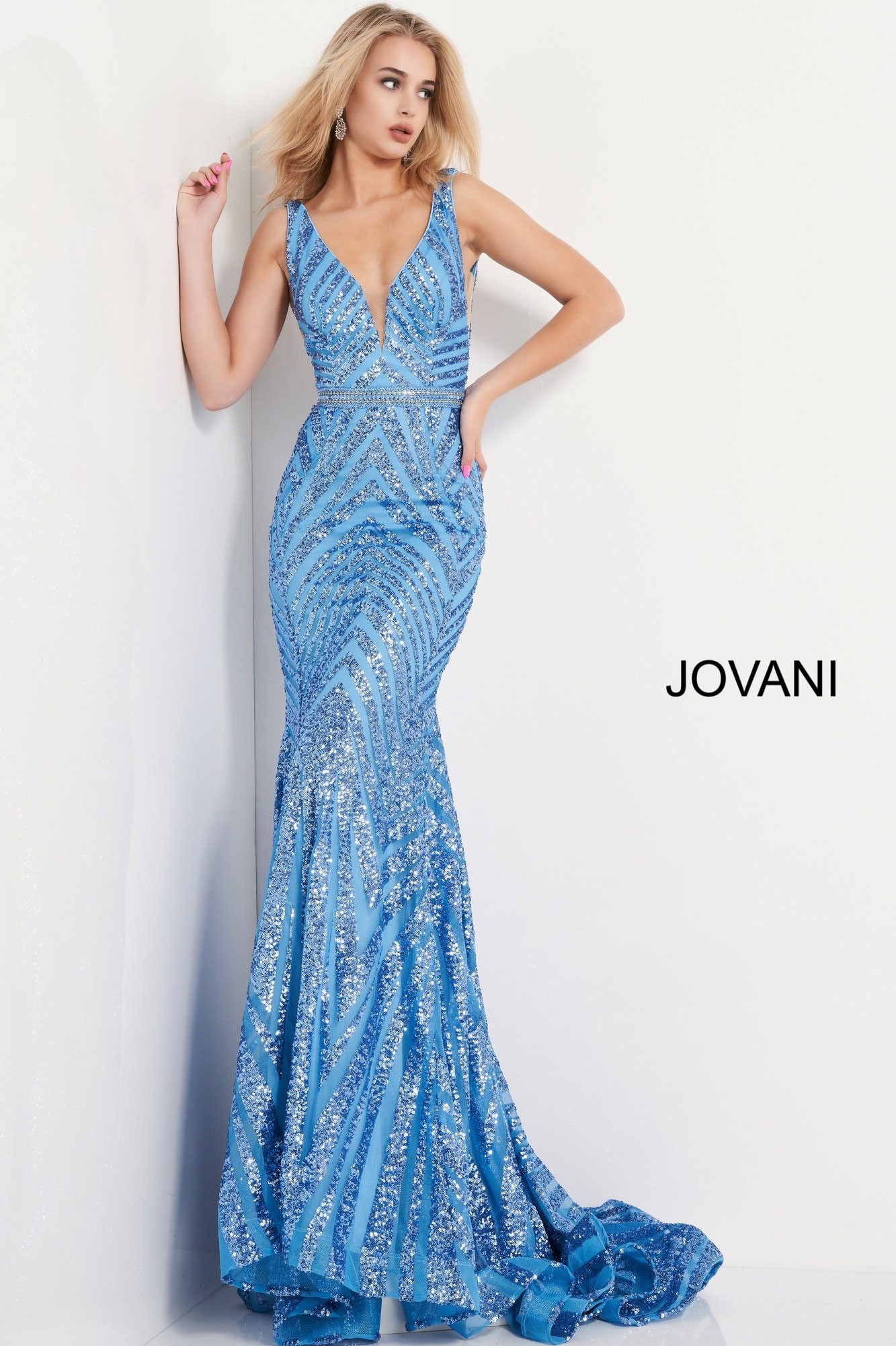 Jovani 03570 Plunge Neck Sequin Prom Dress