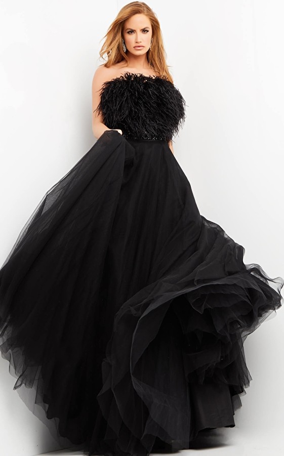 Jovani 05624 Black Feather & Tulle Evening Dress