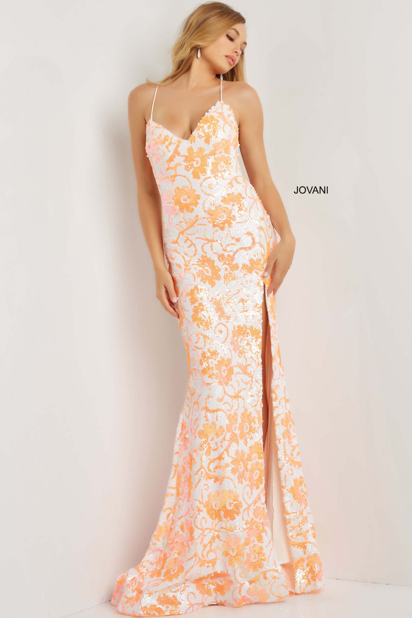 Jovani 08255 Floral Sequin Tie Back Prom Dress