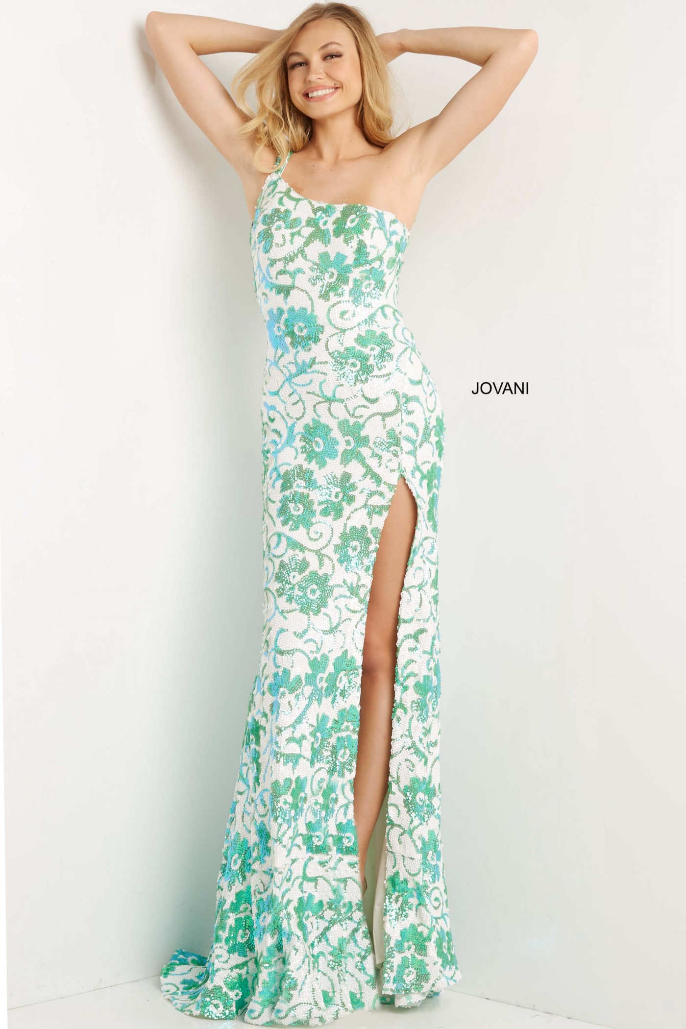 Jovani 08256 Floral Sequin One Shoulder Prom Dress
