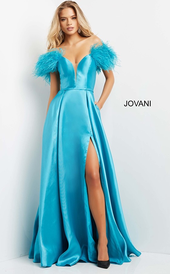 Jovani 08321 High Slit Feather Shoulders Evening Gown