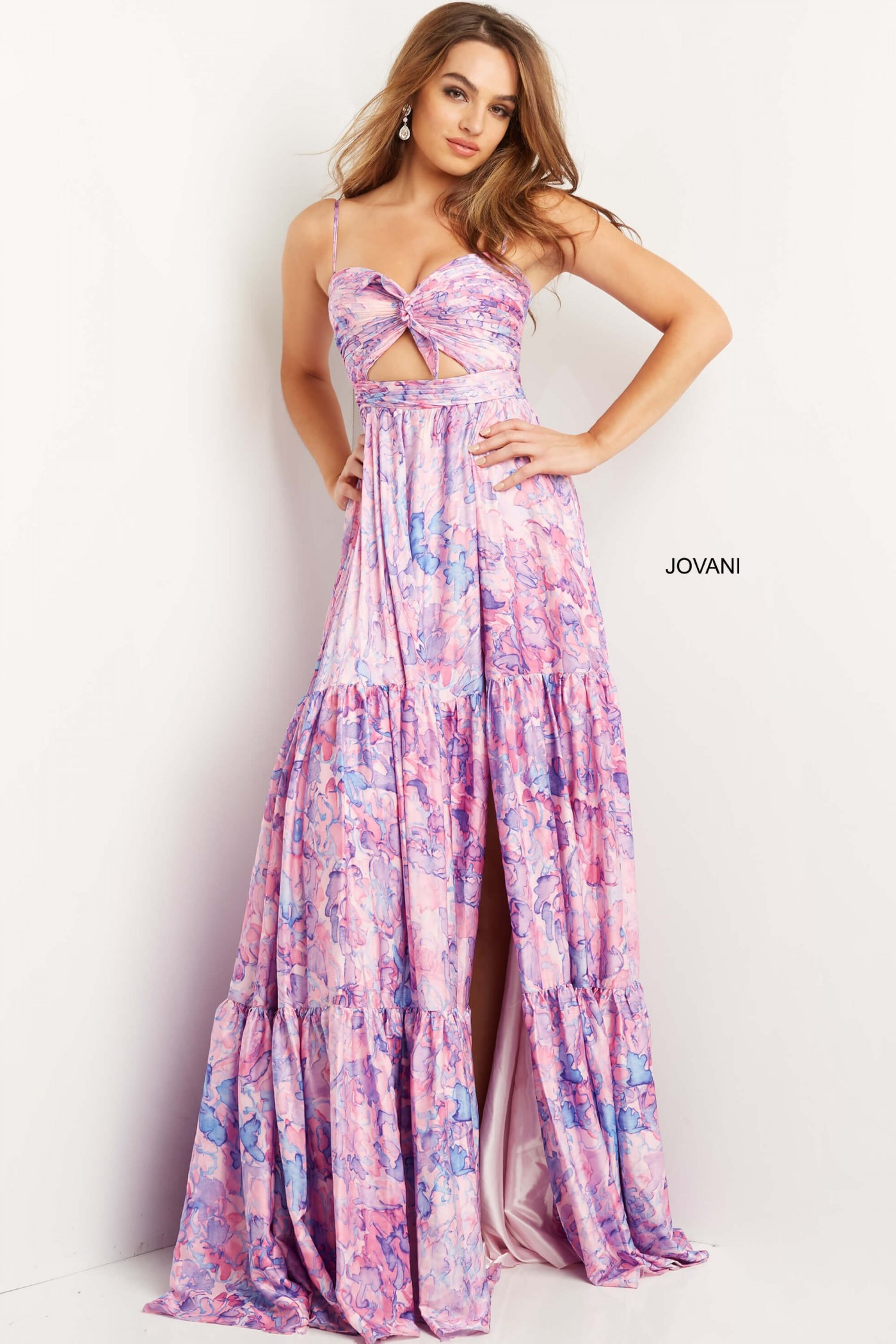 Jovani 08369 Pink Multi Print Maxi Prom Dress