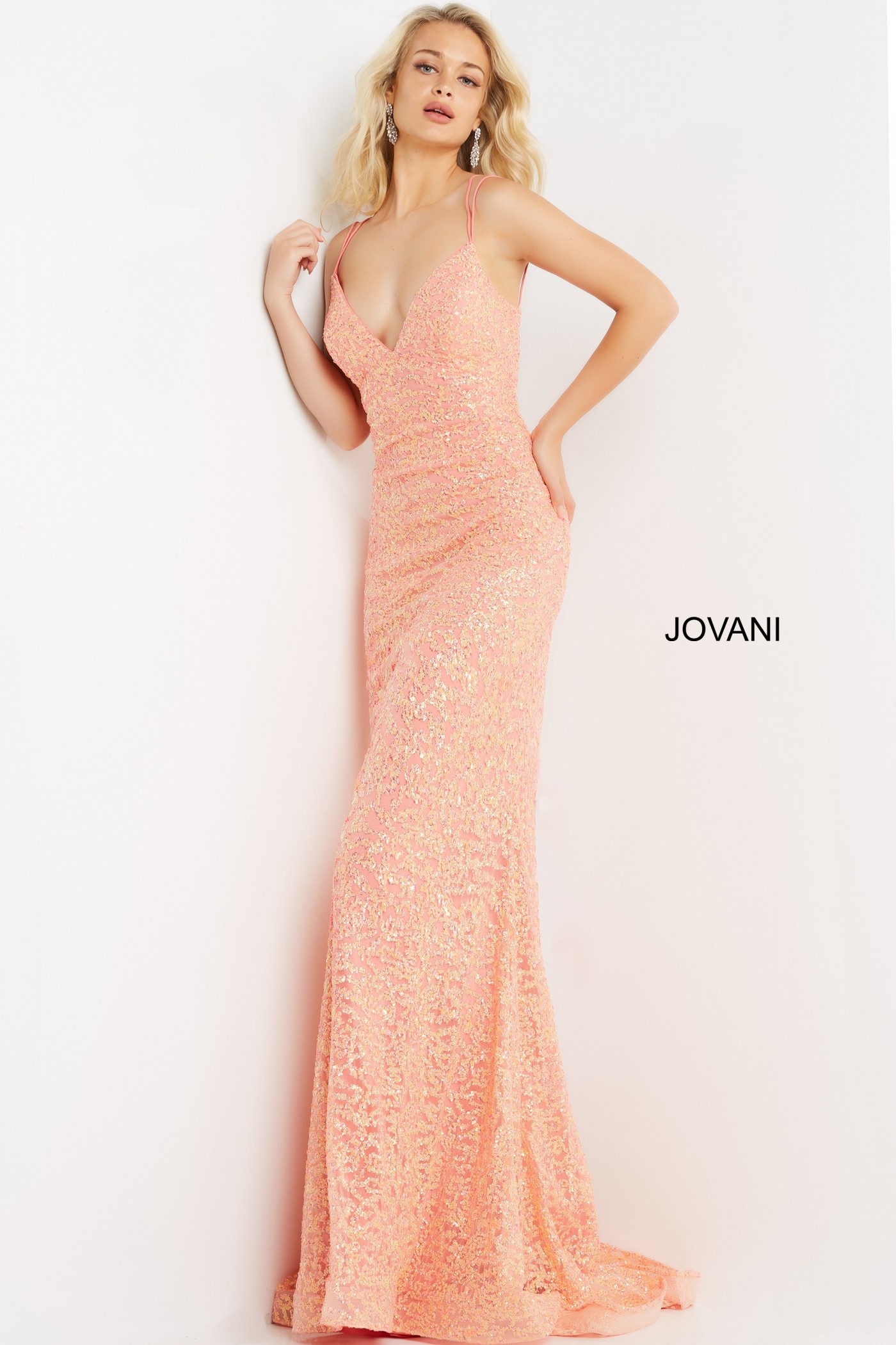 Jovani 08489 Coral Sequin Prom Dress