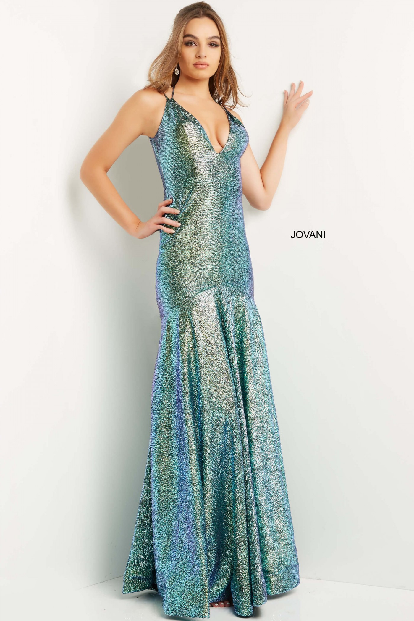 Jovani 08539 Green Multi Backless Metallic Prom Dress