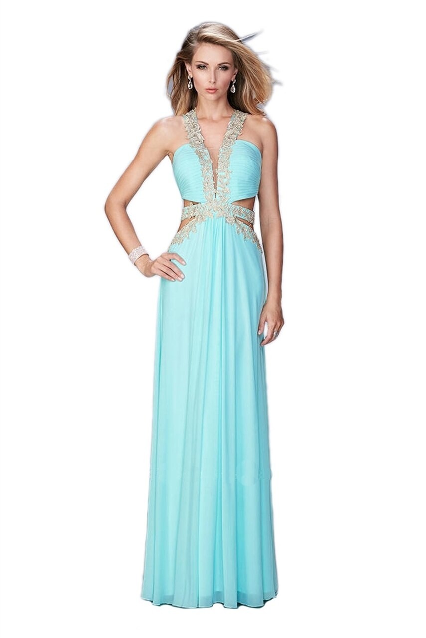 La Femme 22252 Alluring Side Cut Out Ruched Net Prom Dress