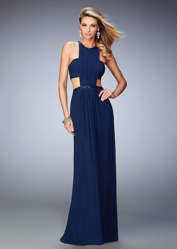 La Femme 22292 Statuesque Ruched Jeweled Halter Prom Gown