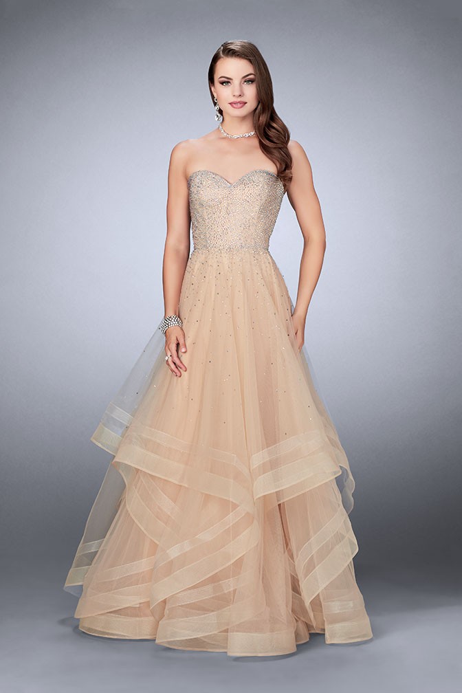 La Femme 24517 Jeweled Strapless Tulle Ruffle Gown