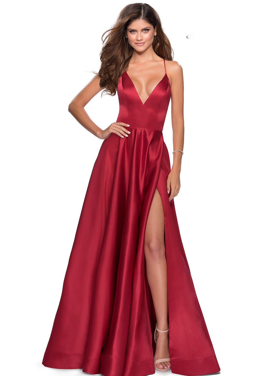 La Femme 28628 V-Neck Satin Prom Dress