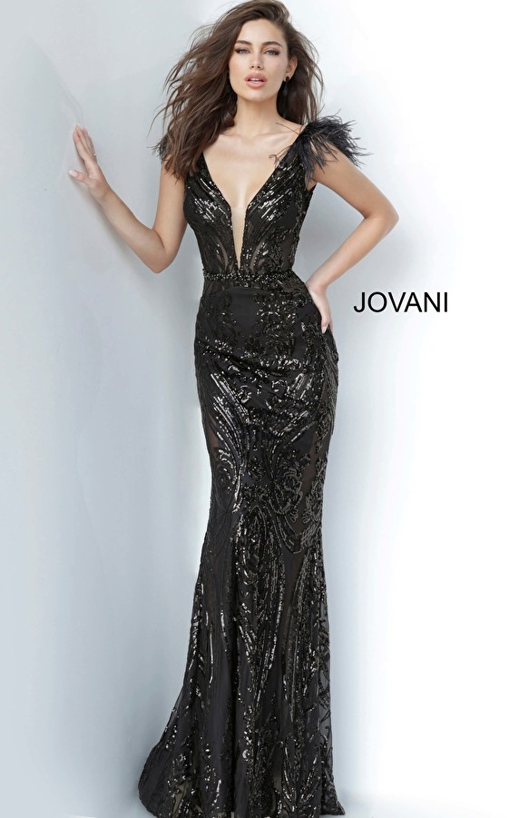 Jovani 3180 Sequin Feather Embellished Prom Dress