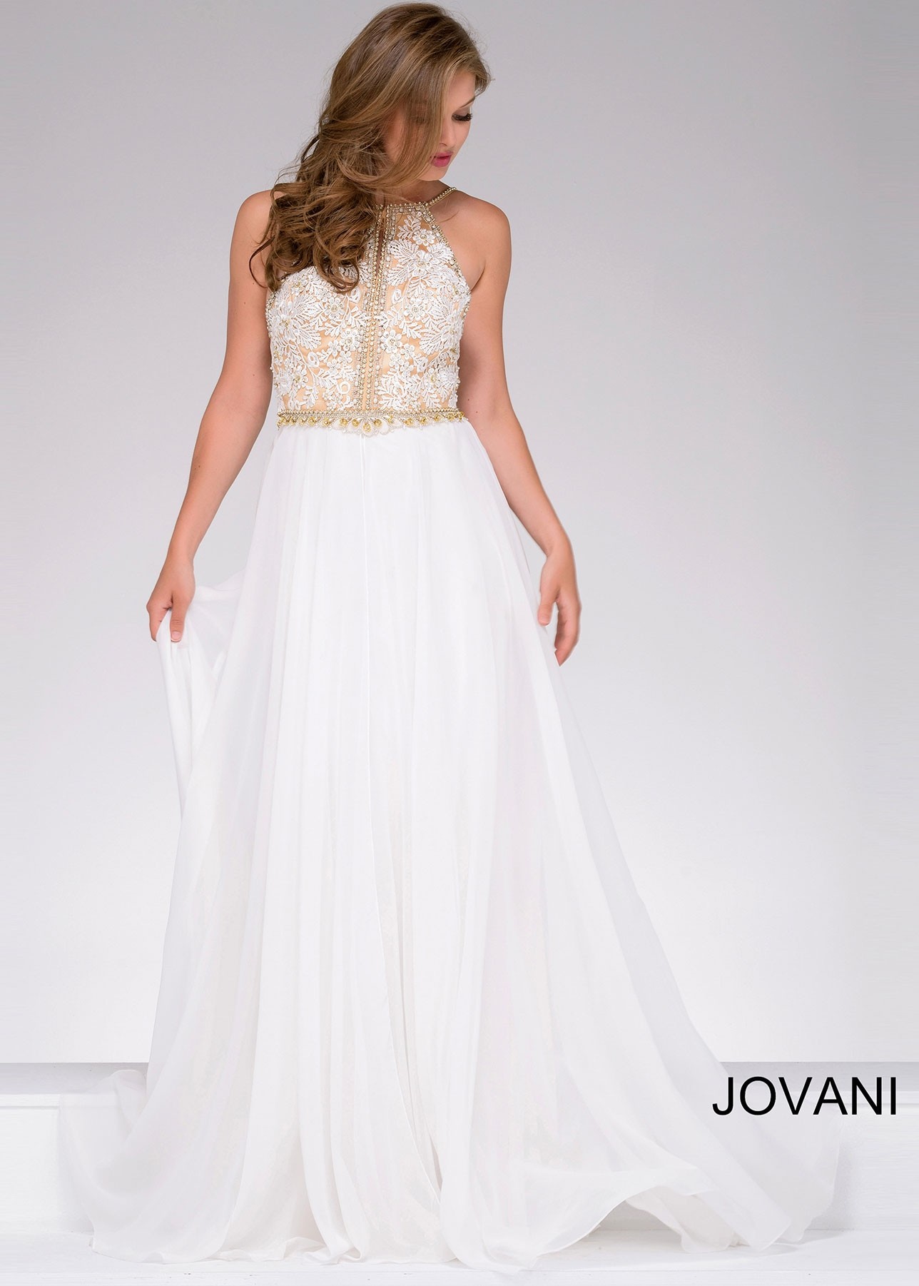 Jovani 41591 Delicate Lace Halter Dress with Open Back