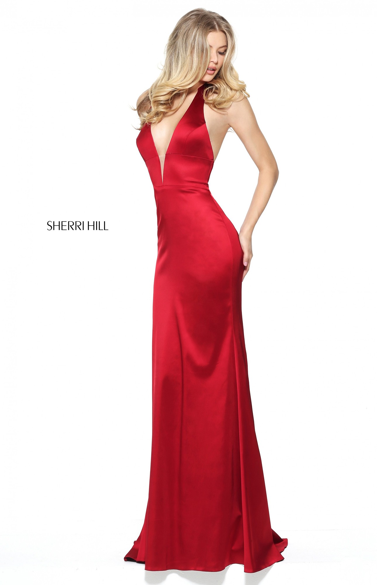 Sherri Hill 50919 Deep V-Neck Satin Halter Gown
