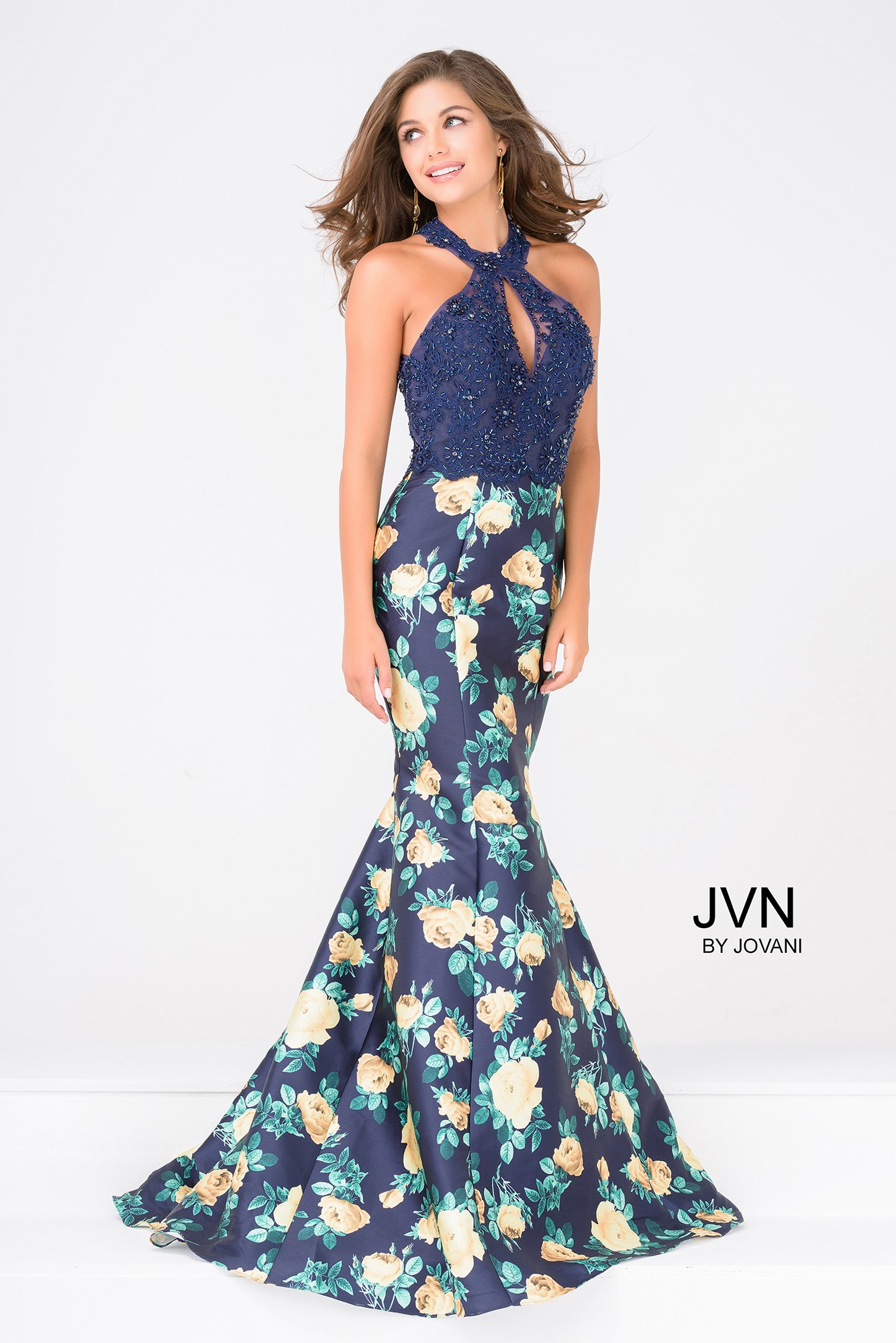 JVN by Jovani JVN47610 Floral Mermaid Gown with Lace Halter Top