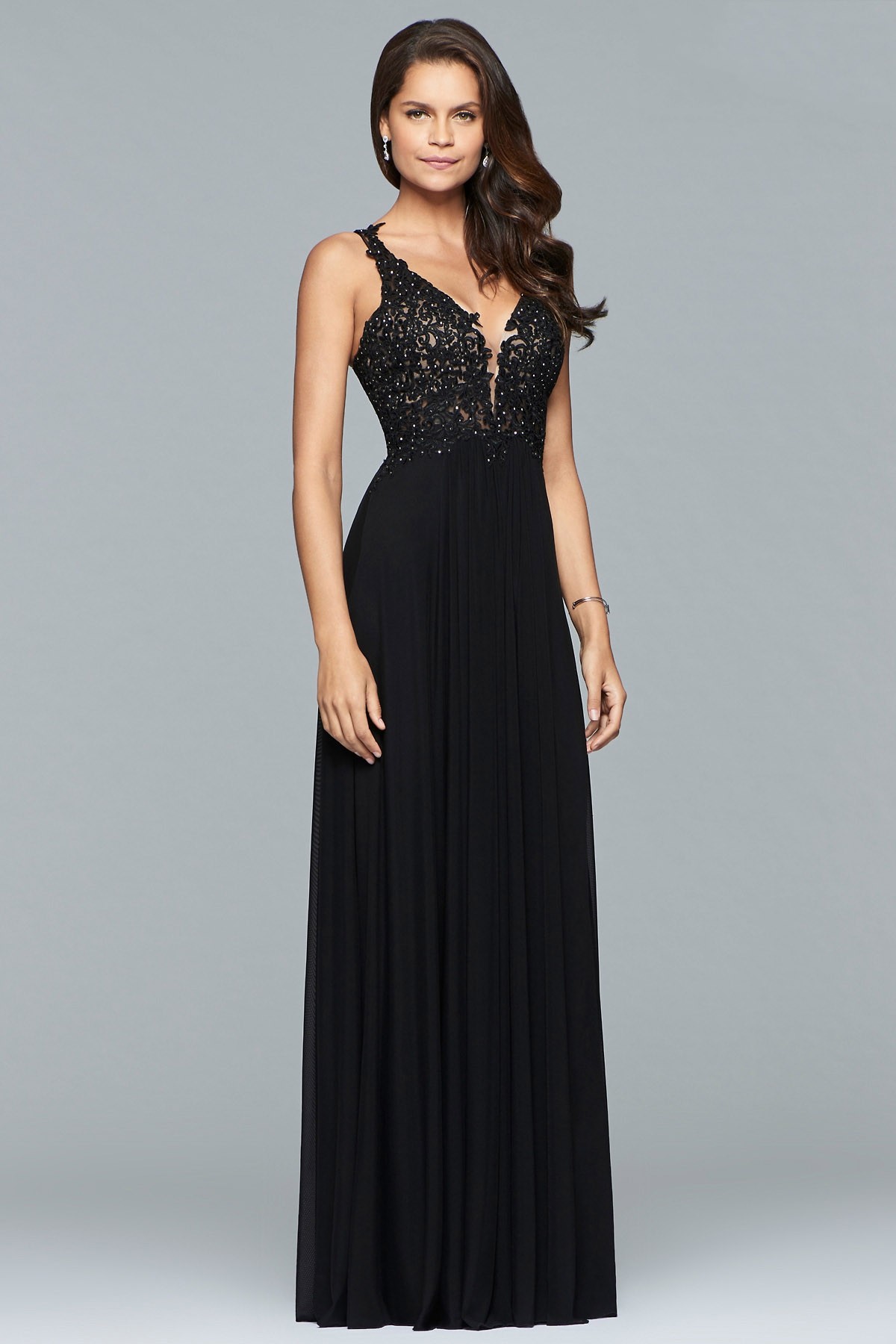 Faviana 8000 Beaded Lace V-Cut Evening Gown