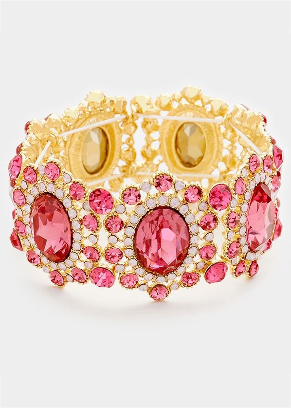 Gold Fuchsia Pink Crystal Beaded Stretch Bracelet