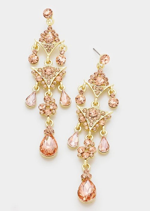 Gold Peach Crystal Rhinestone Triple Teardrop Chandelier Earrings