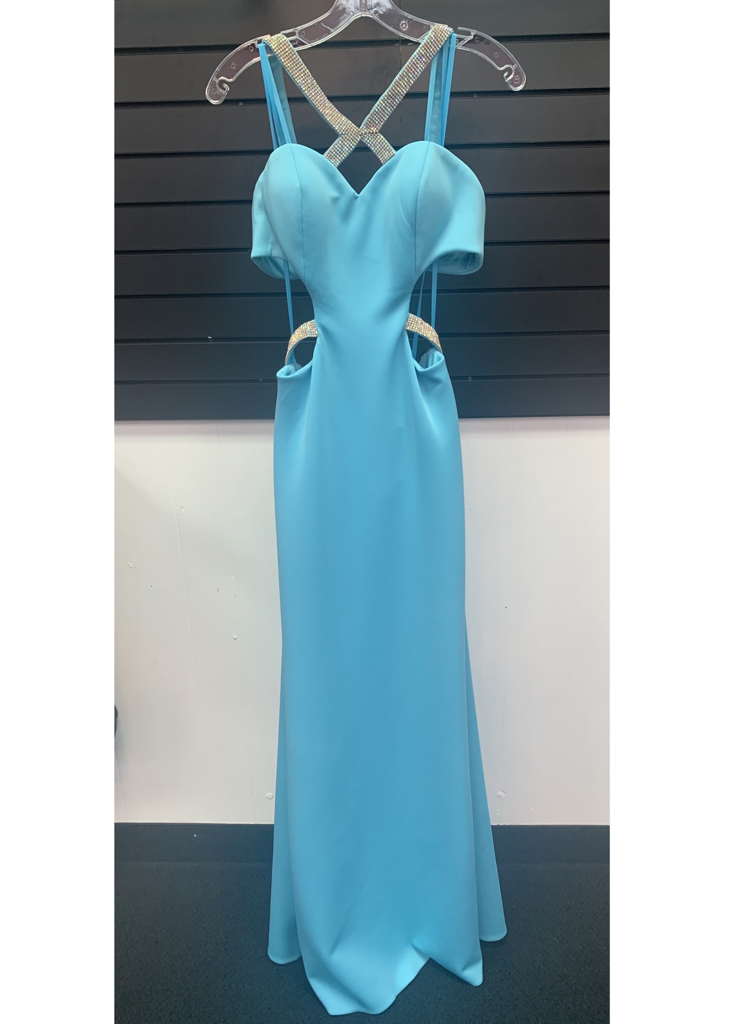 Faviana 7702 Tiffany Blue Neoprene Halter Gown