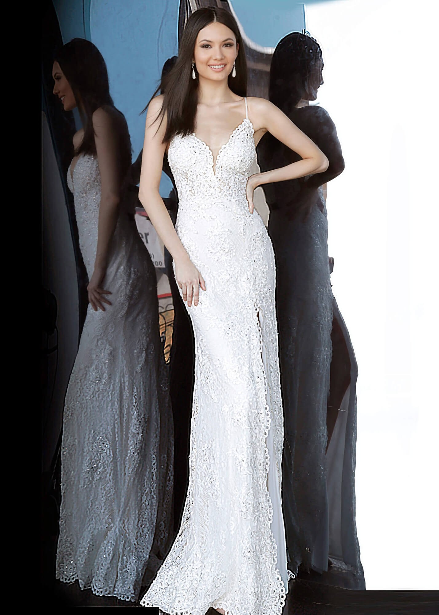 JVN by Jovani JVN00864 Ivory Lace High Slit Prom Dress