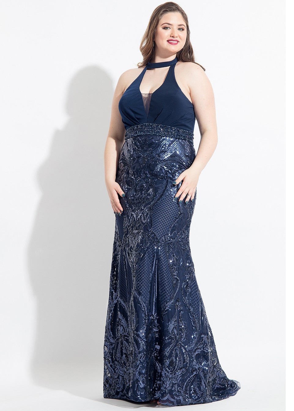 Rachel Allan 6322 Plus Size Sequin Jersey Halter Gown