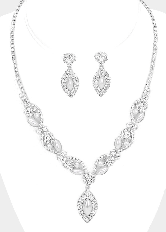 Marquise Pearl Drop Crystal Rhinestone Necklace Set