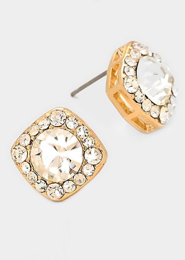 Gold Clear Round Glass Crystal Cut Quad Stud Earrings