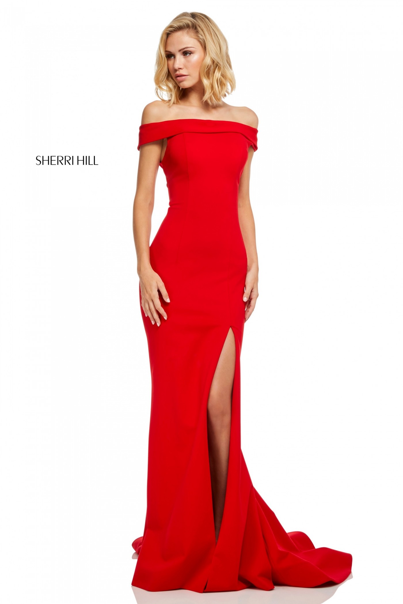 Sherri Hill 52607 Red Off The Shoulder Mermaid Dress