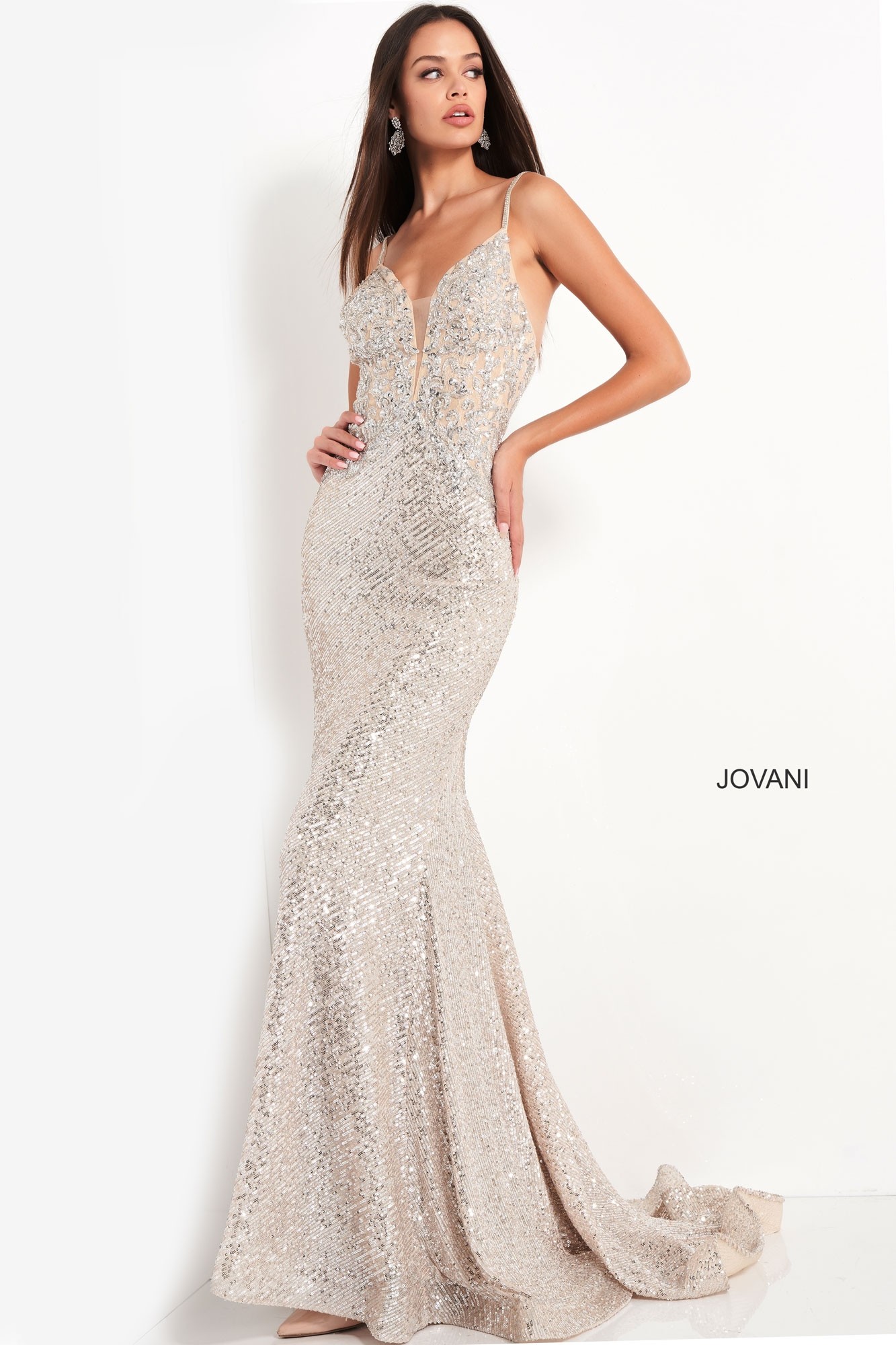 Jovani 05805 Silver Sequin Prom Dress | RissyRoos.com