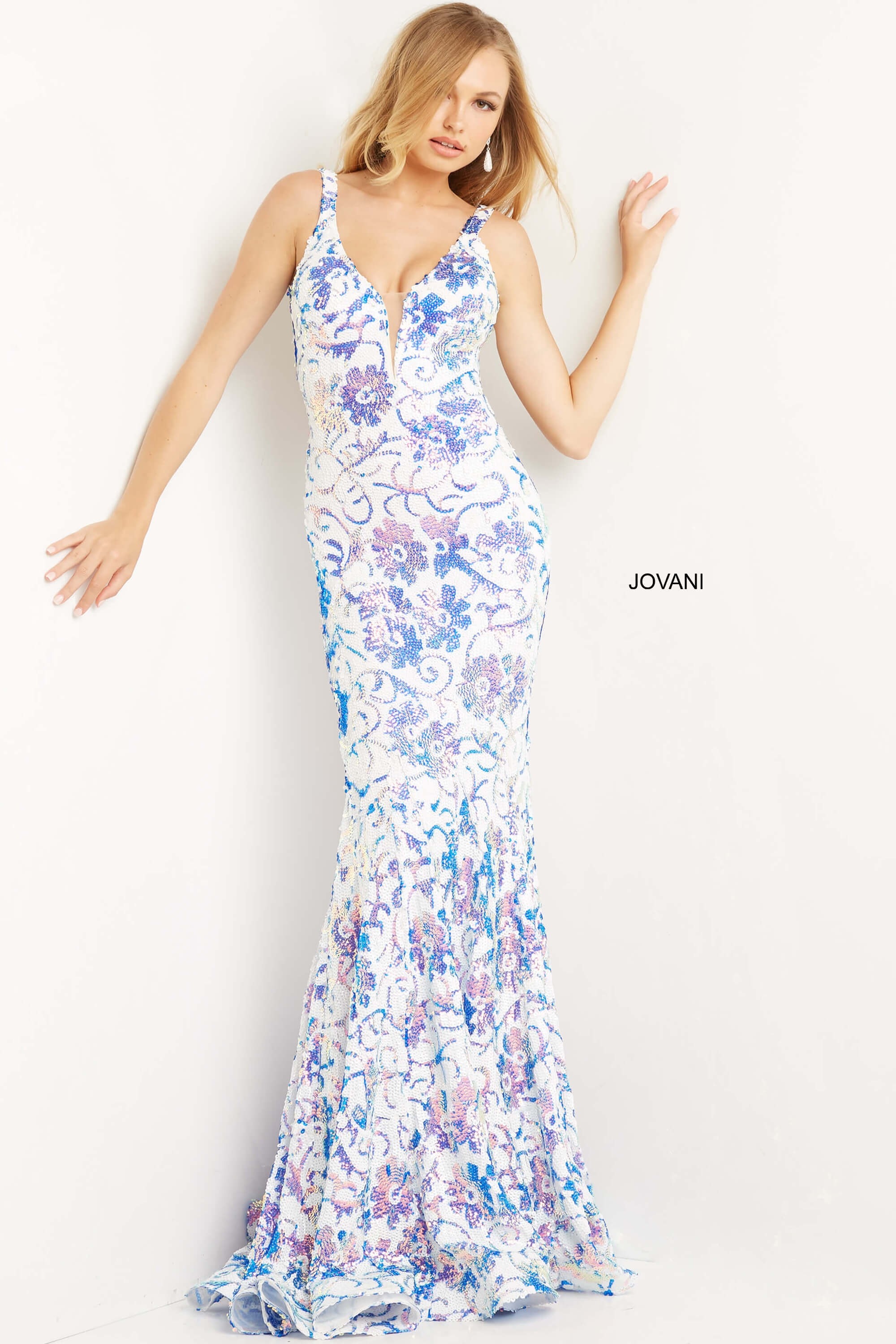 Jovani 08257 Floral Patter Sequin Prom Dress | RissyRoos.com