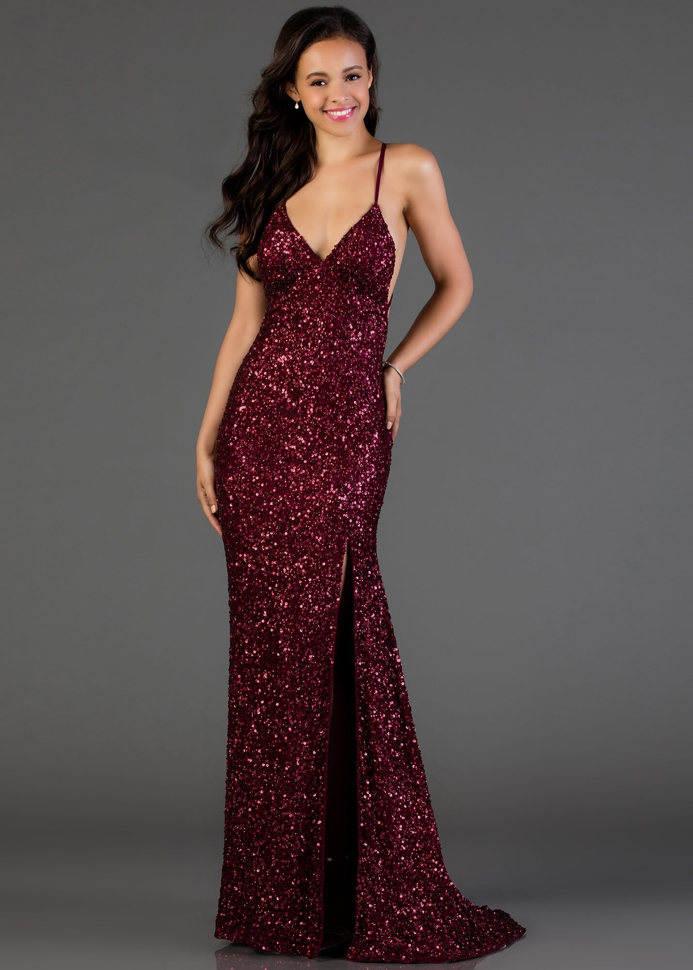 Scala 48938 V-Neck Sequin Gown with Slit | RissyRoos.com