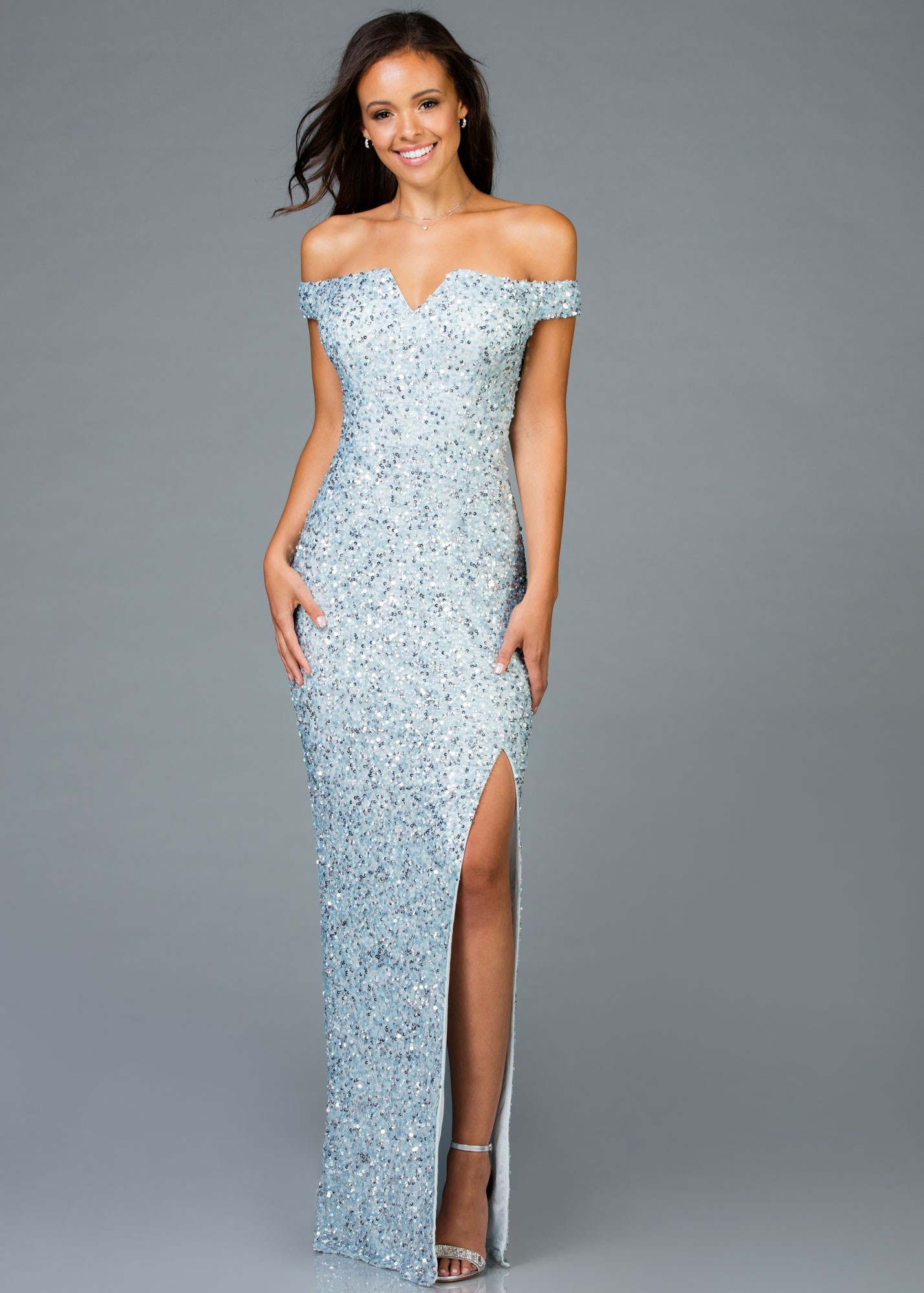 Scala 48985 Sequin Beaded Off the Shoulder Gown | RissyRoos.com