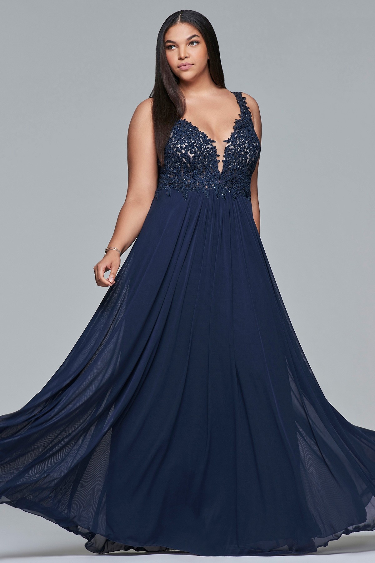 Faviana 9428 Deep V-neck A-line Dress with Lace | RissyRoos.com