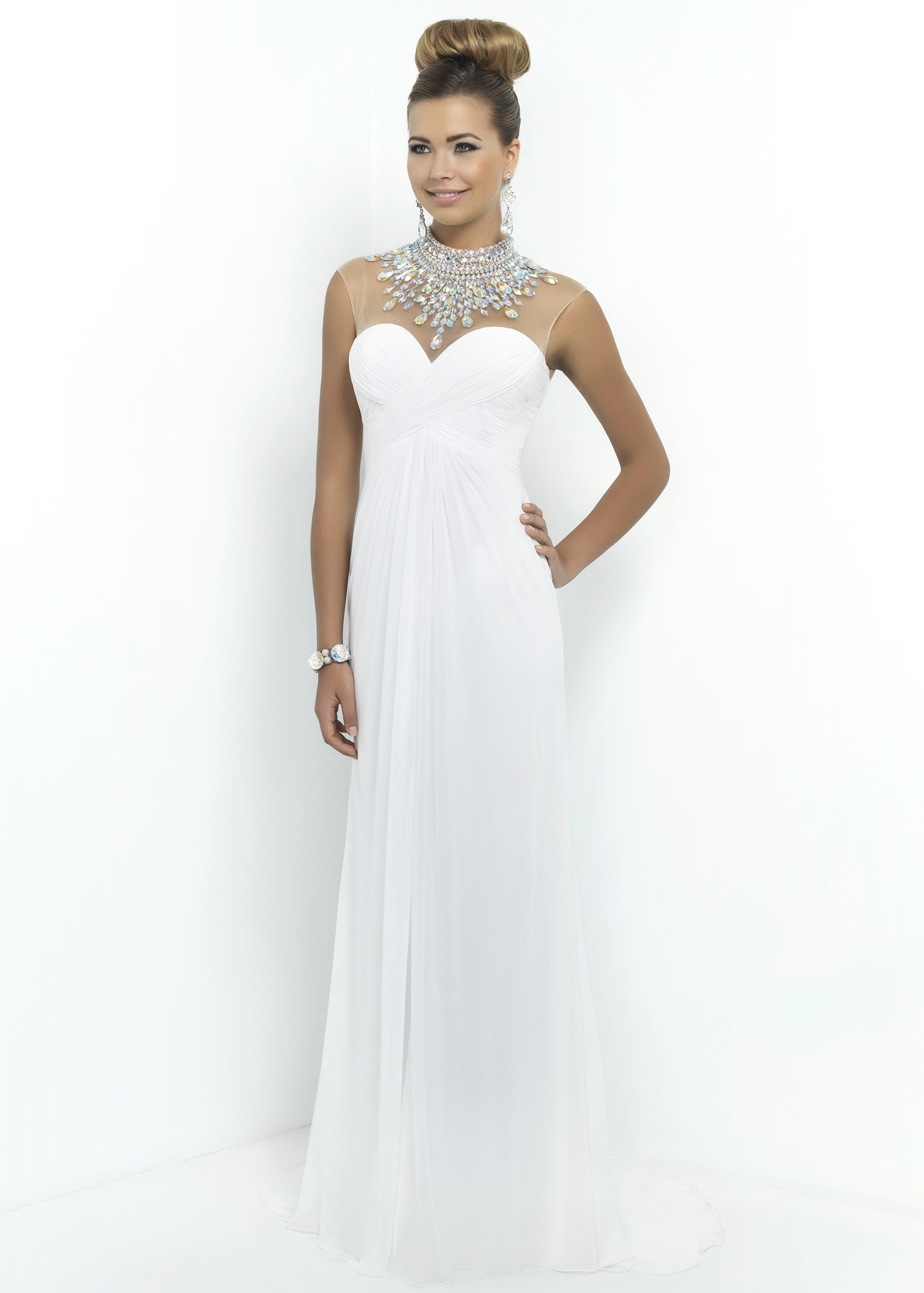 Blush 9952 - White Beaded Illusion Chiffon Prom Dress - RissyRoos.com