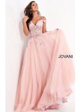 Jovani 02022 Blush Off the Shoulder Embellished Evening Dress