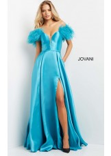 Jovani 08321 High Slit Feather Shoulders Evening Gown