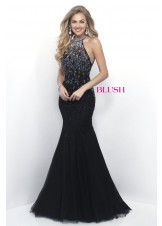 Blush Prom 11300 Jeweled Halter Net Mermaid Gown
