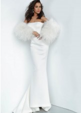 Jovani 1226 Strapless Gown with Fur Sleeves