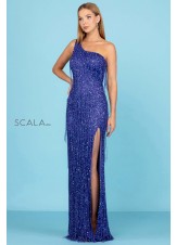 Scala 60285 One Shoulder Beaded Fringe Gown