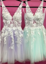 Jovani 63987 V-Neck Floral Lace Applique Short Dress