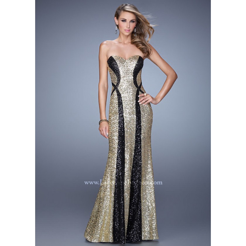 Black, Gold La Femme 20987 Sequin Evening Gown for $398.00
