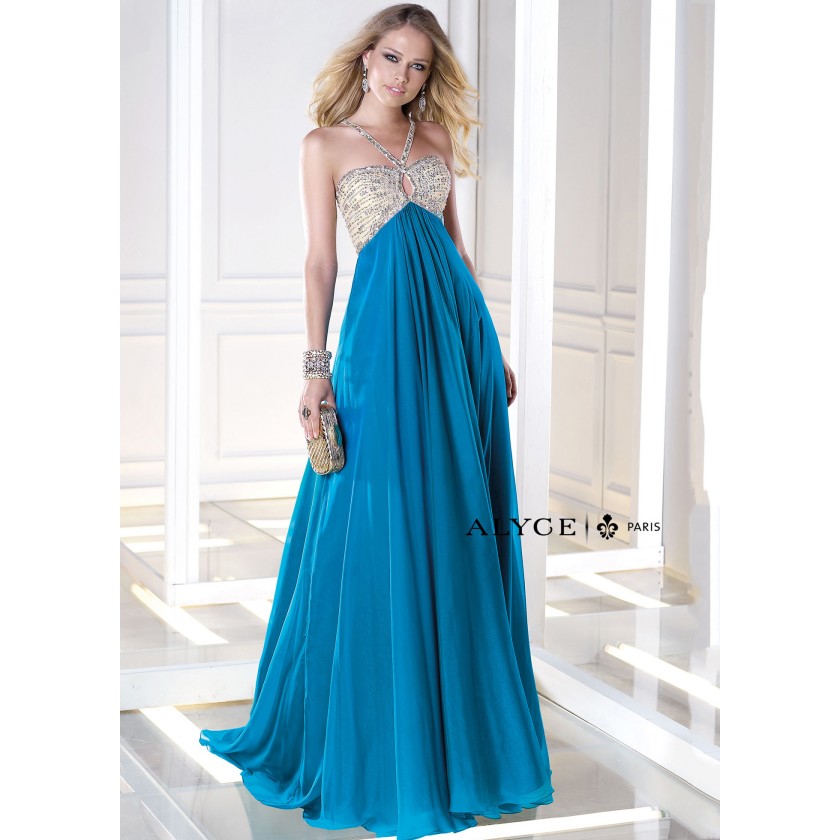 Blue Alyce B'Dazzle 35695 Iridescent Chiffon Halter Gown for $258.00
