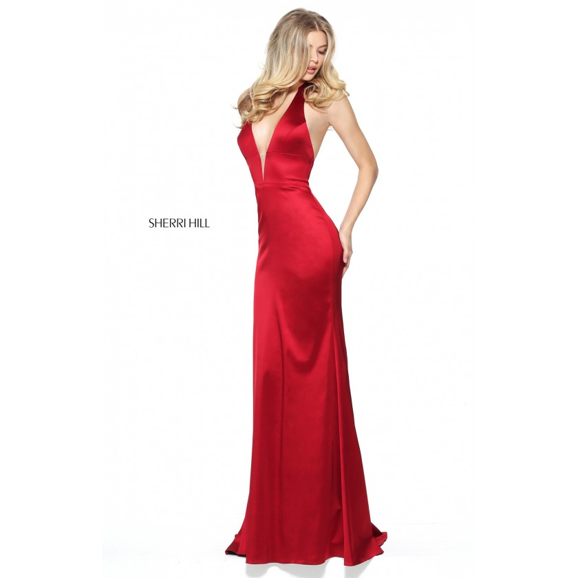 Red, Wine Sherri Hill 50919 Deep V-Neck Satin Halter Gown for $450.00