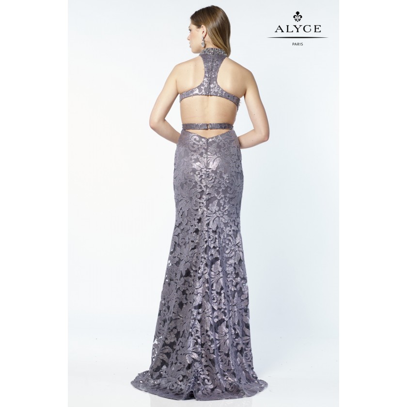 Gray, Grey, Gunmetal Alyce 6786 High Neck Sequined Lace Dress for $358.00