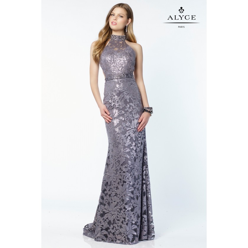 Gray, Grey, Gunmetal Alyce 6786 High Neck Sequined Lace Dress for $358.00
