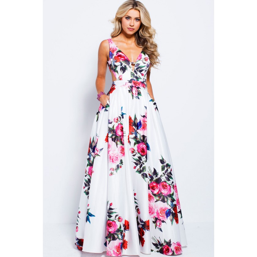 JVN by Jovani JVN59146 Floral Multi A-line with Side Cut-Outs