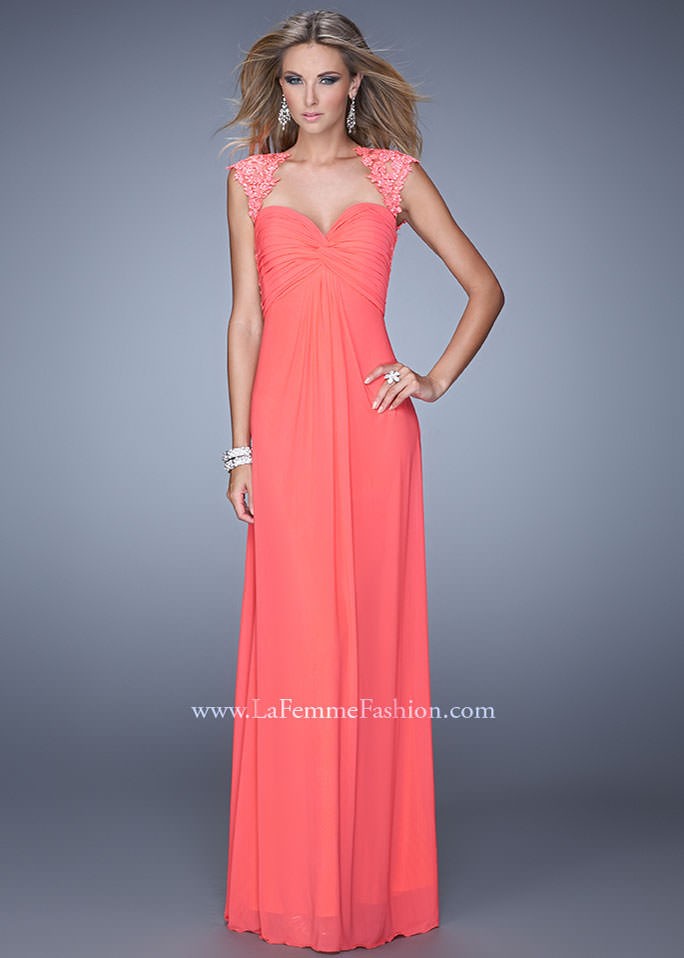 La Femme 20844 - Grapefruit Ruched Open Back Jersey Dress - RissyRoos