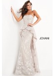Jovani 02966 Strapless Silver Floral Peplum Gown