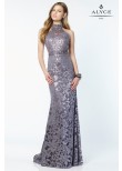 Alyce 6786 High Neck Charcoal Sequined Lace Dress